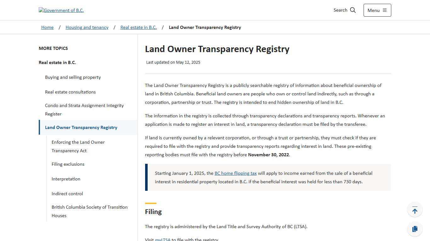 Land Owner Transparency Registry - Province of British Columbia